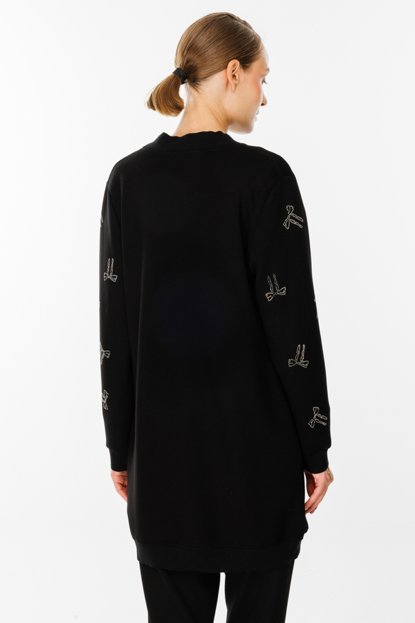 On Kadın Oversize Midi Hırka - Fermuarlı Nakışlı - Günlük Şıklık