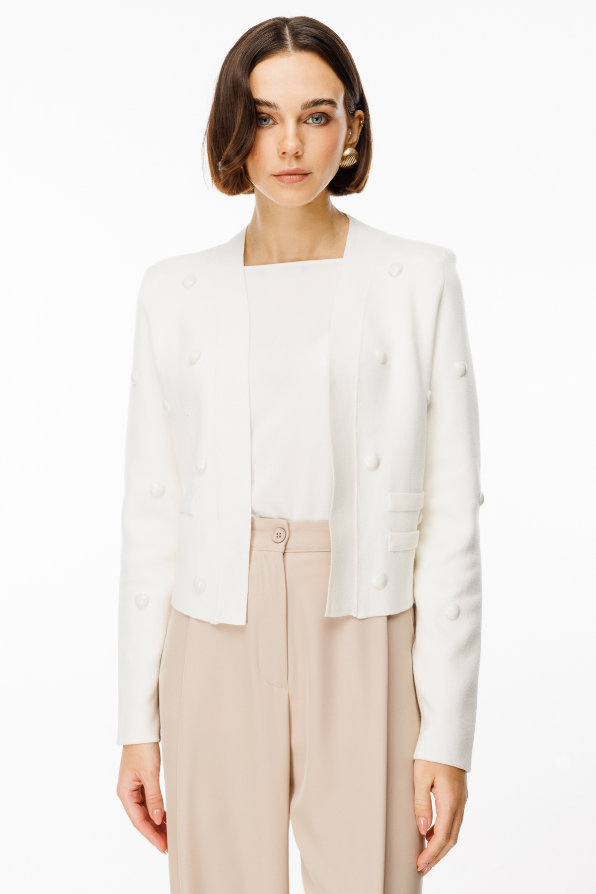 On Kadın Crop Hırka - Minimalist Oversized Incili Detaylı Ana görsel