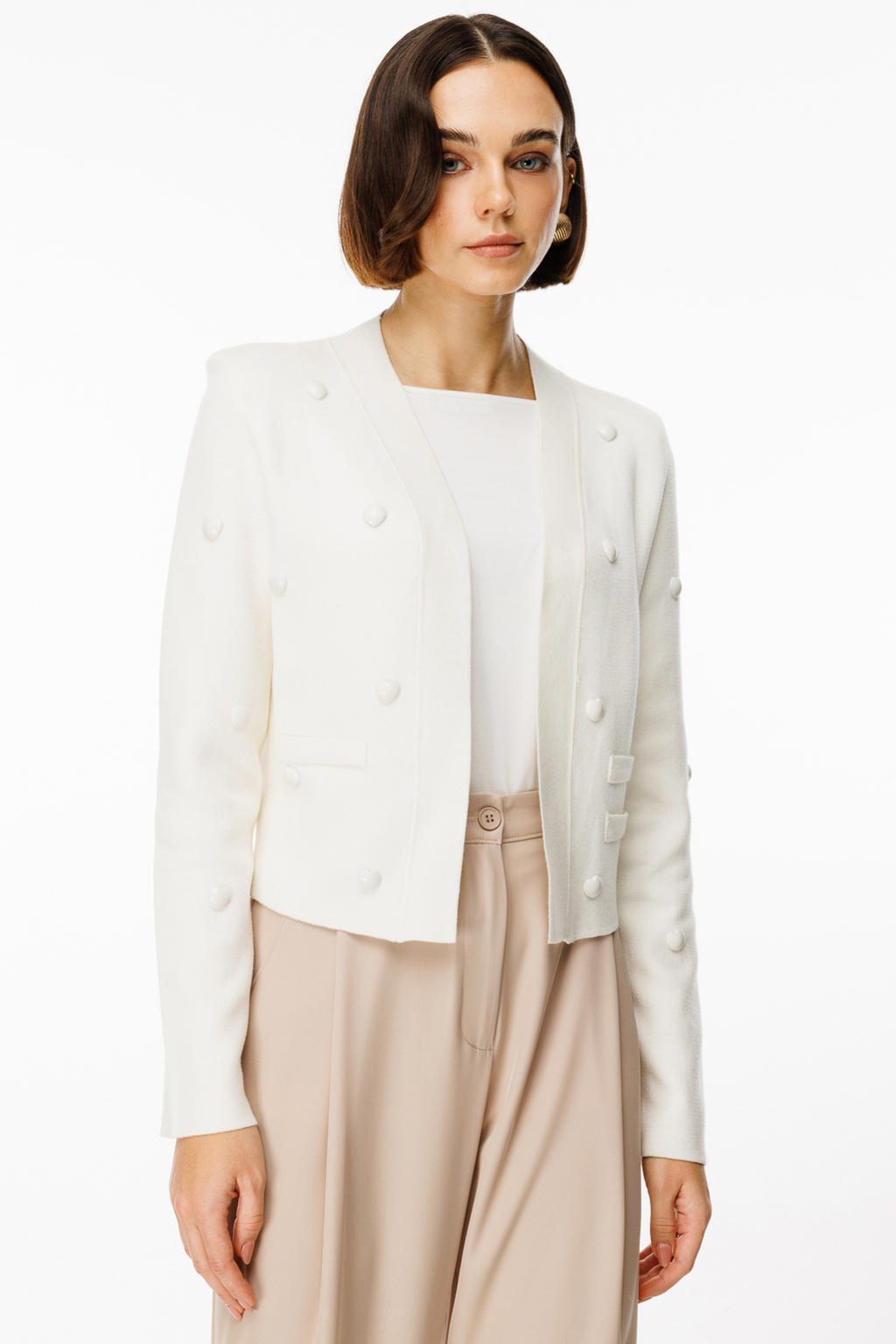 On Kadın Crop Hırka - Minimalist Oversized Incili Detaylı