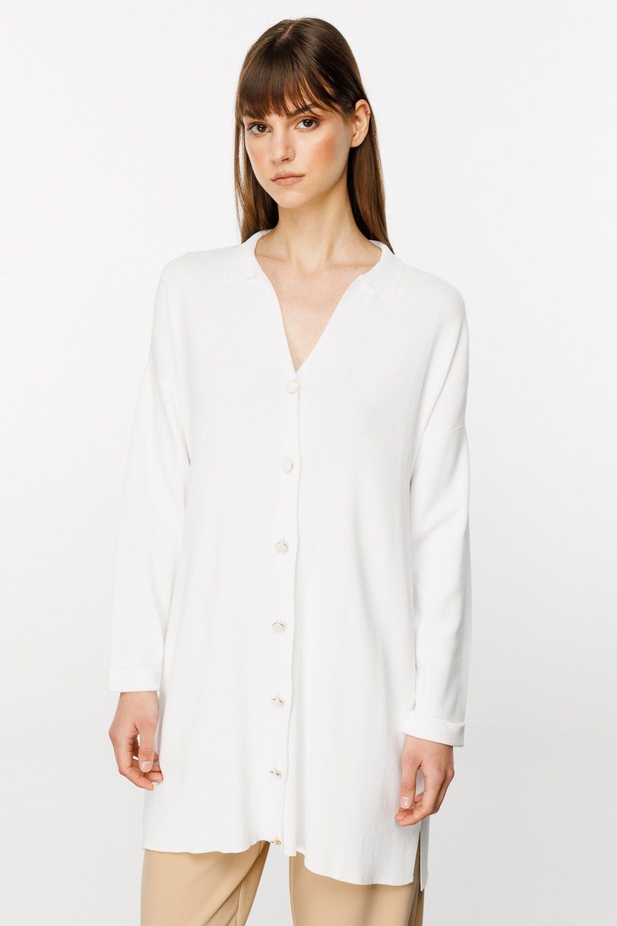 On Kadın Oversize Midi Hırka - Minimalist Günlük Stil - Uzun Kol Gömlek Yaka İkincil görsel