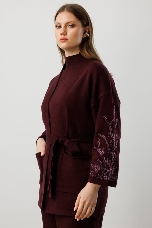 On Kolları Taşlı Kuşaklı Triko Hırka 26KON60902