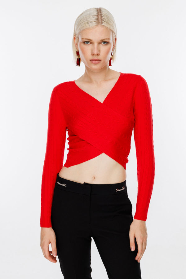 On Kadın Oversize V Yaka Crop Kazak - Uzun Kol