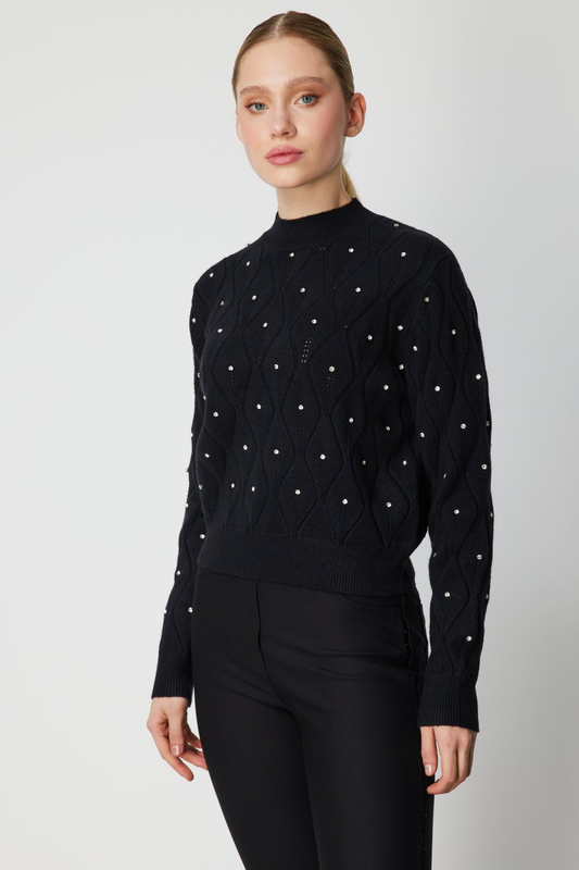 Desenli Taş Detaylı Triko Kazak 26KON60317