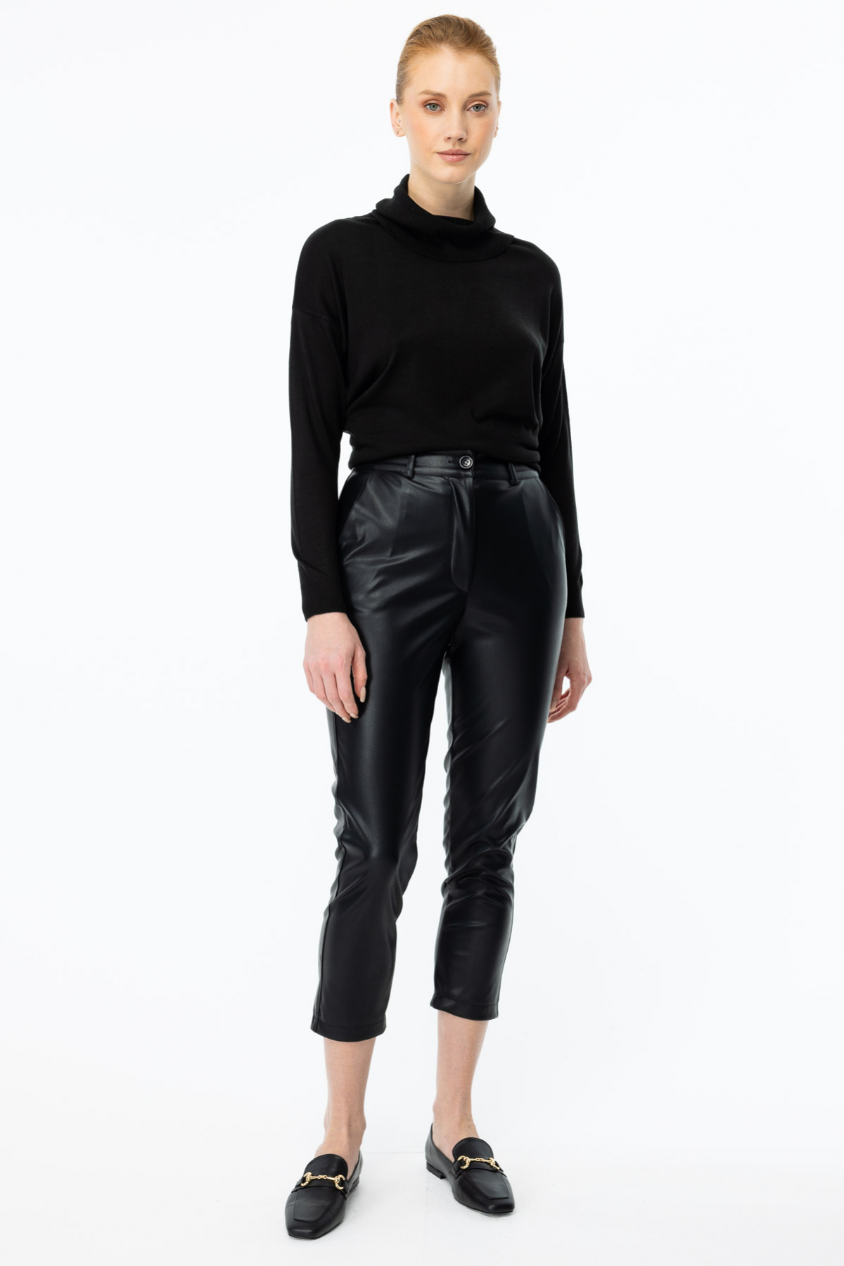 On Kadın Midi Deri Pantolon - Minimalist Yüksek Bel Ana görsel