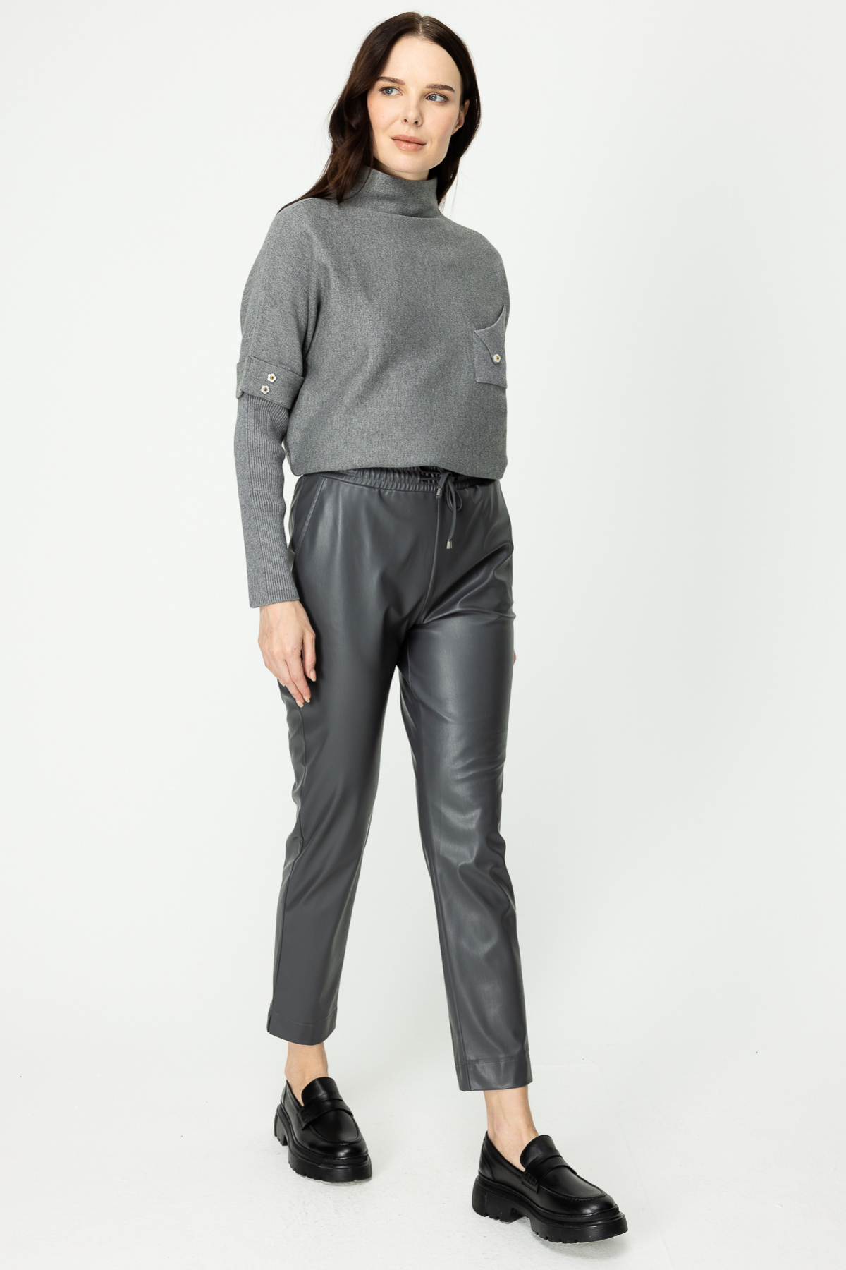 On Kadın Minimalist Deri Look Midi Pantolon - Yüksek Bel - Bağcıklı İkincil görsel