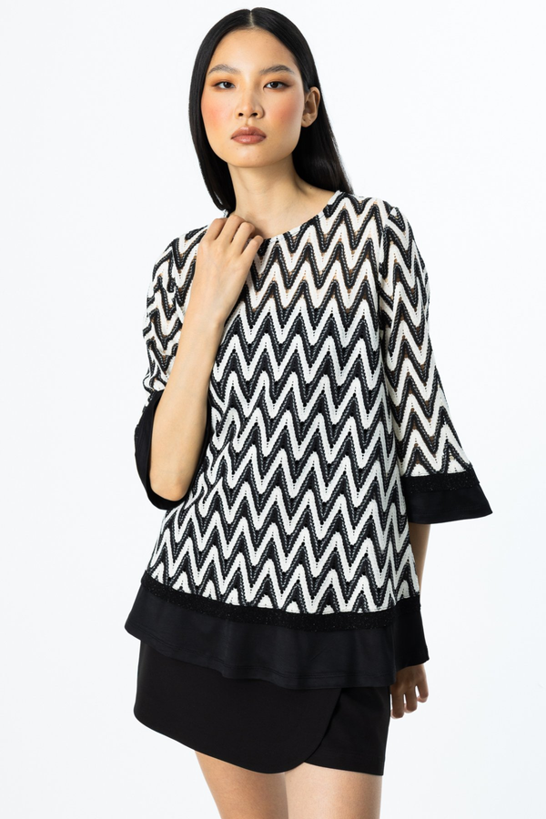 On Kadın Midi Tunik - Üç Çeyrek Kol - Zigzag Desen - Günlük & Şık