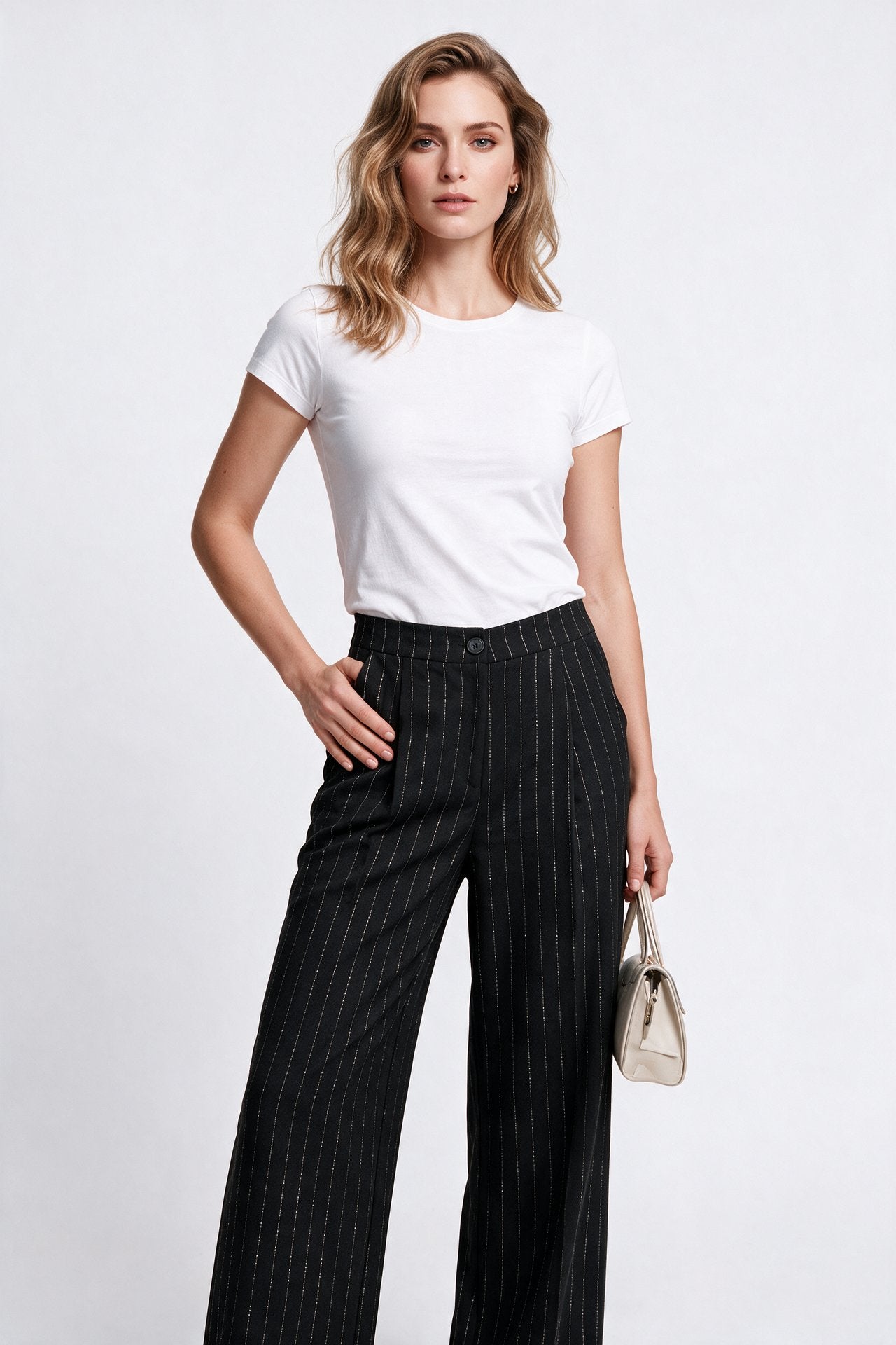 On Minimalist Çizgili Kemerli Midi Kadın Pantolon - Geniş Paça İkincil görsel
