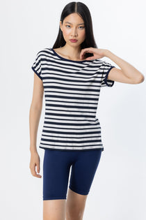 On Minimalist Oversize Çizgili Kadın Bluz - Kısa Kol Yuvarlak Yaka