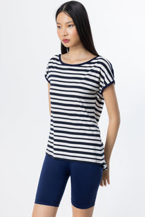 On Minimalist Oversize Çizgili Kadın Bluz - Kısa Kol Yuvarlak Yaka