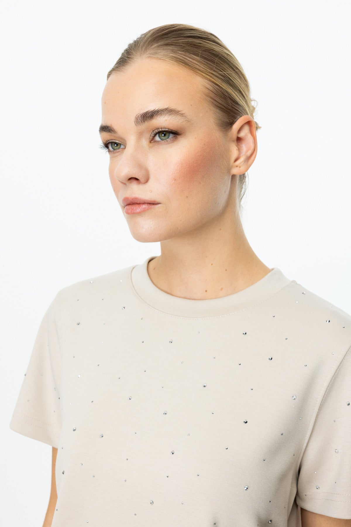 On Minimalist Taş Detaylı Kısa Kol Crop Bluz - Günlük & Şık