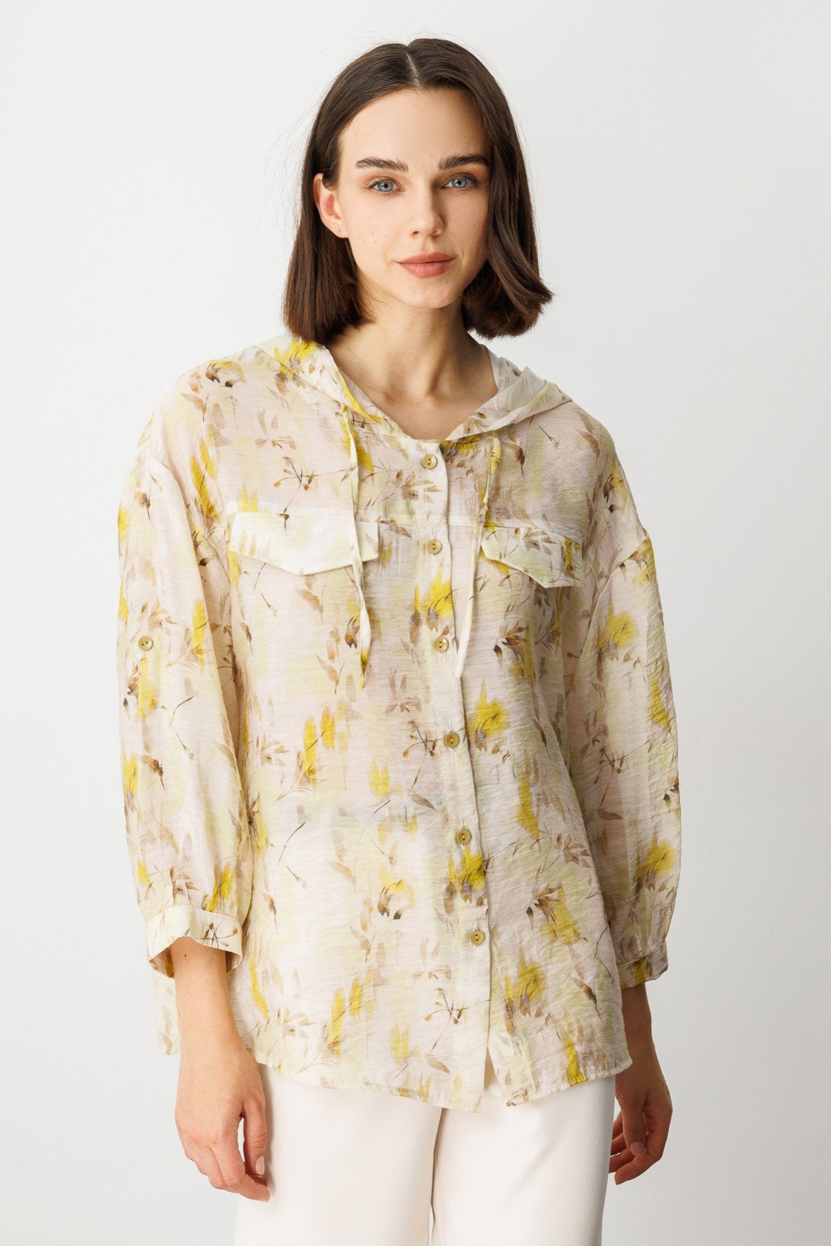 On Oversize Kapüşonlu Çiçekli Kadın Gömlek - Minimalist Stil - 3/4 Kol Translation missing: ar.content.product_image_main