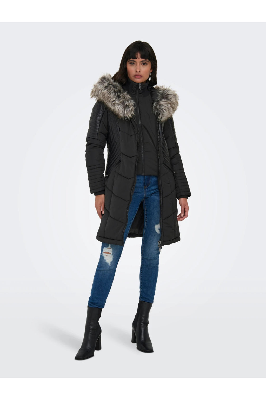 Only Kapüşonlu Asimetrik Fermuarlı Midi Kaban - Kışlık