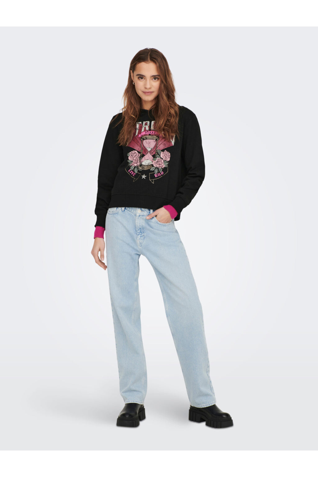 Only Oversize Kapşonlu Sweatshirt - Vintage Baskı - Crop - Günlük