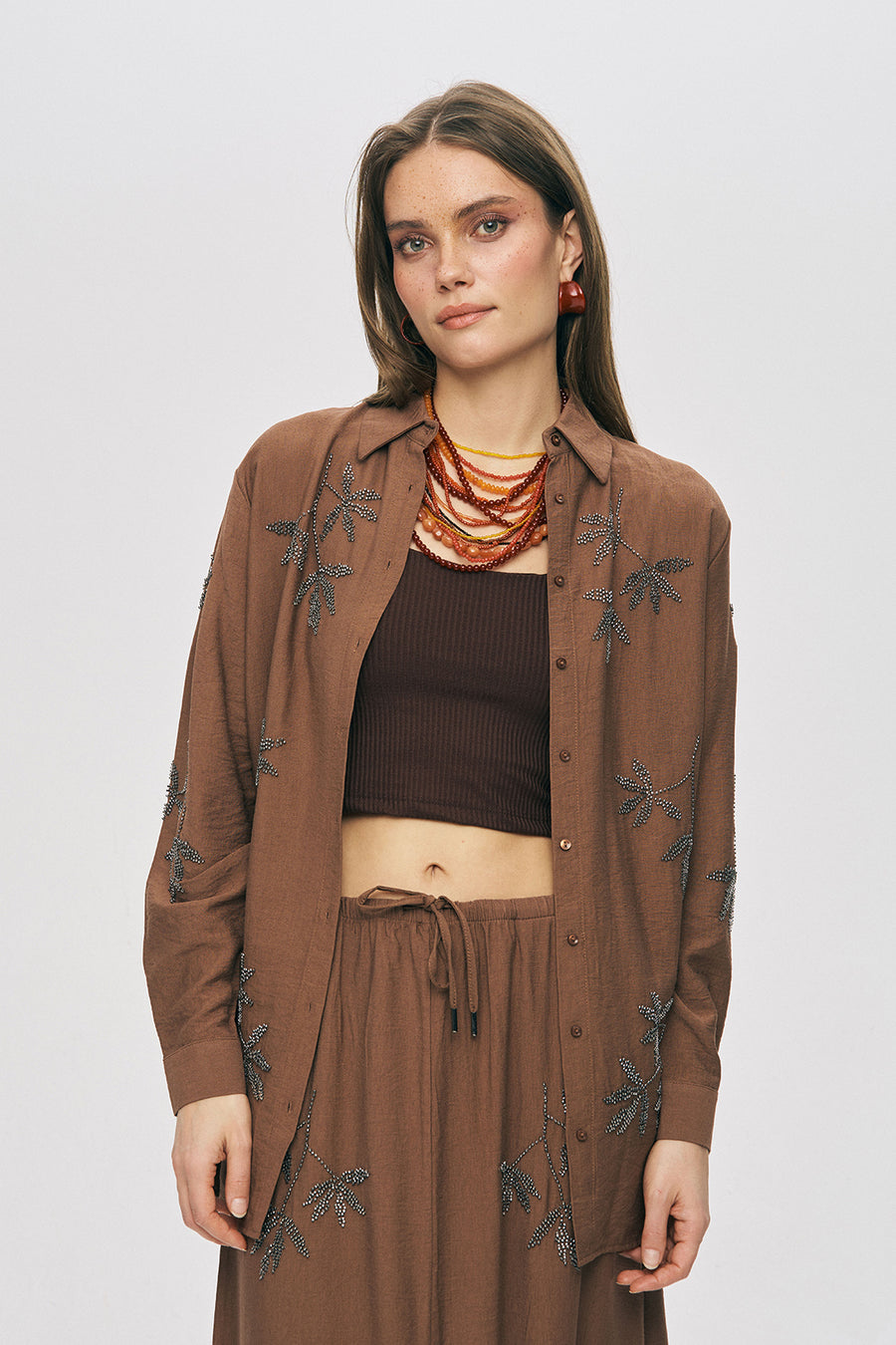 Orfeo Negro Kadın Yaprak İşlemeli Oversize Kesim Gömlek 34767 Ana görsel