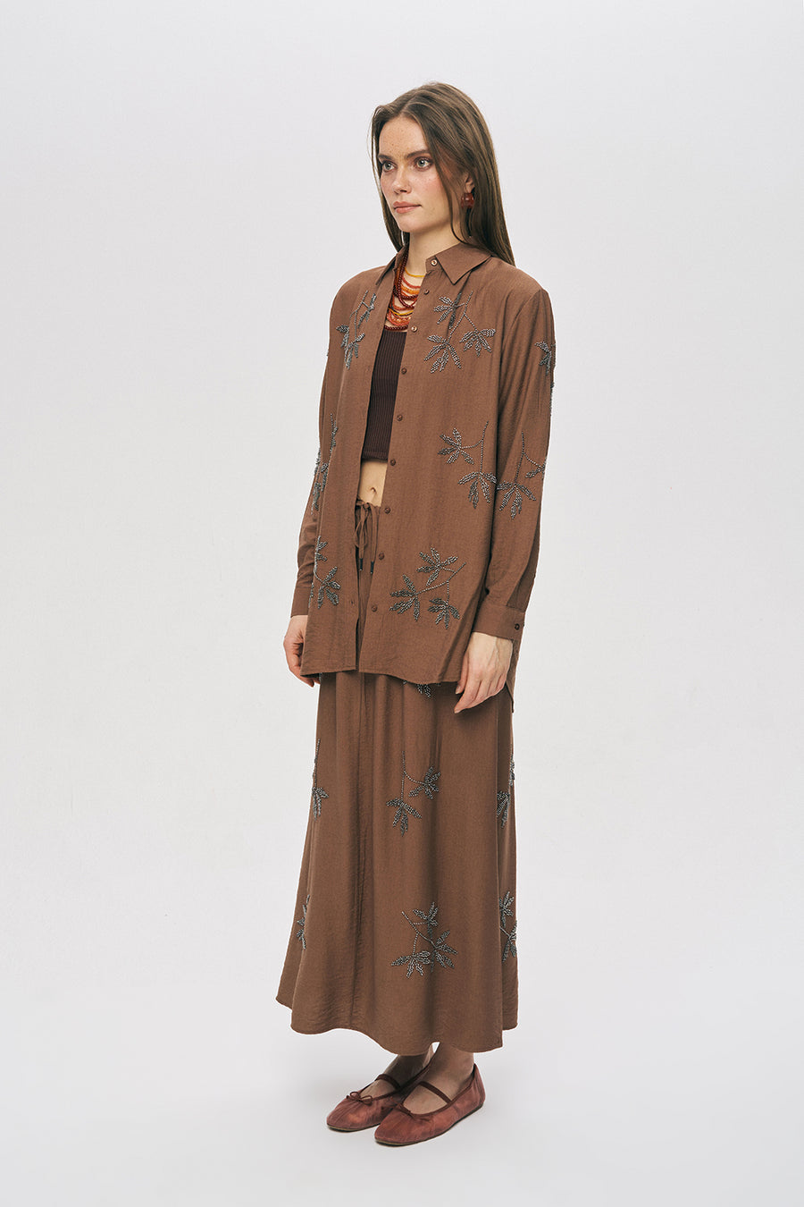 Orfeo Negro Kadın Yaprak İşlemeli Oversize Kesim Gömlek 34767 İkincil görsel