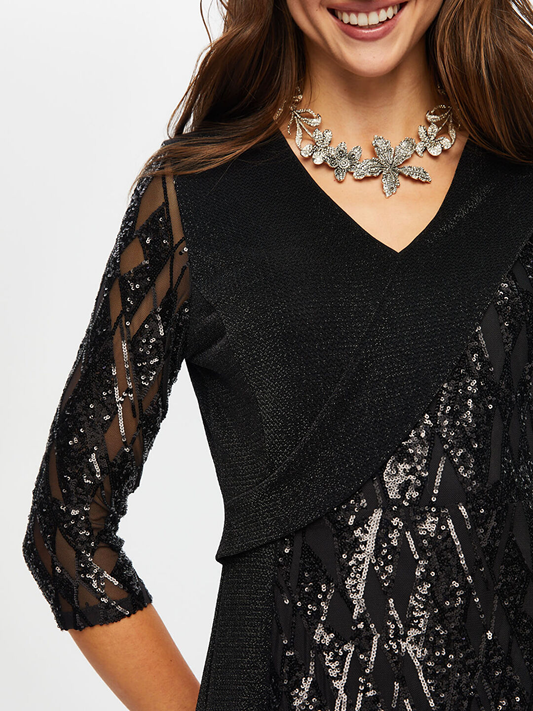 Örme Kumaş Garnili 3/4 Kol V Yaka Payetli Uzun Abiye Elbise Faik Sönmez