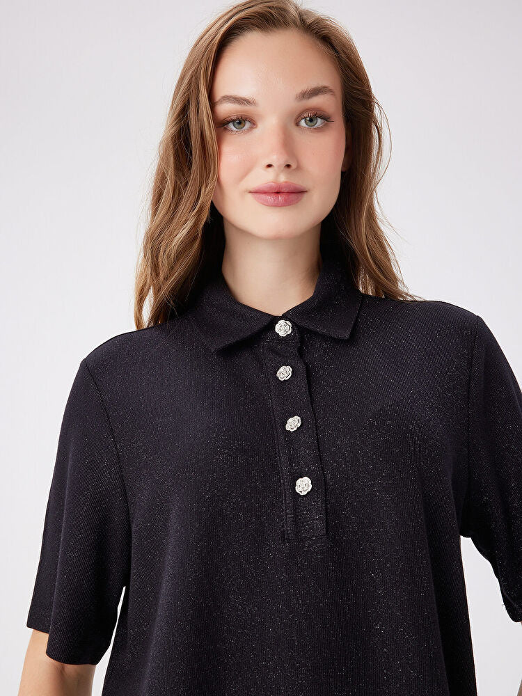 Özel Düğmeli Kendinden Simli Polo Yaka T-Shirt Tişört FAİK SÖNMEZ İkincil görsel