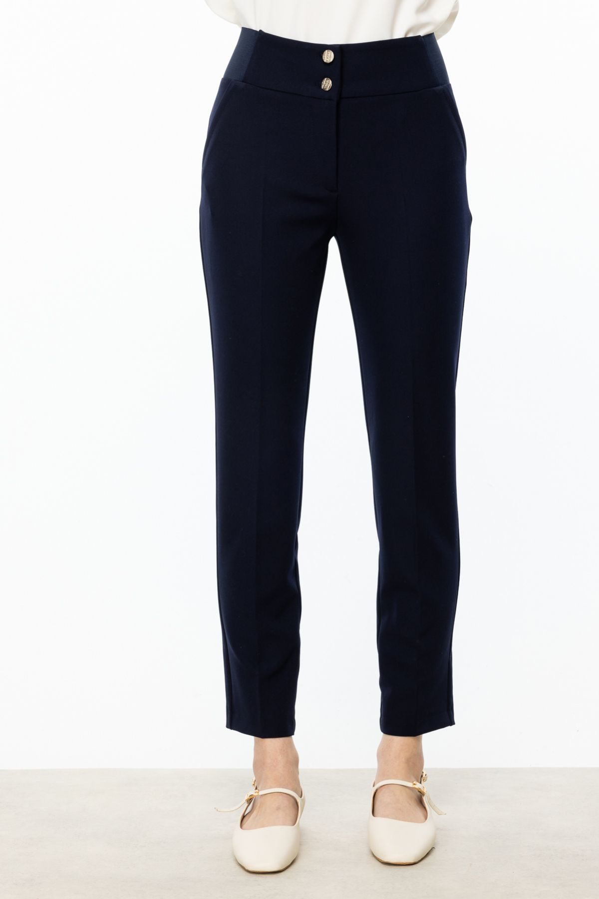 Ekol Minimalist Yüksek Bel Düğmeli Kadın Pantolon - 7/8 Boy