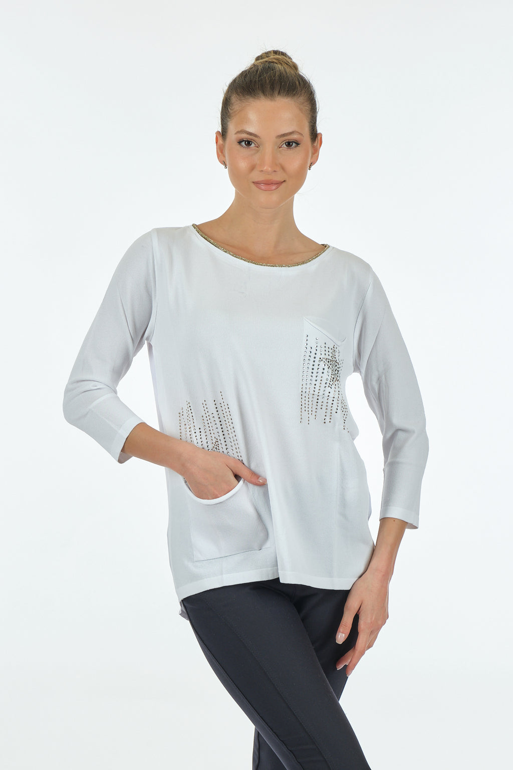Twomail Minimalist Oversize 3/4 Kol Kadın Bluz - Cep Detaylı