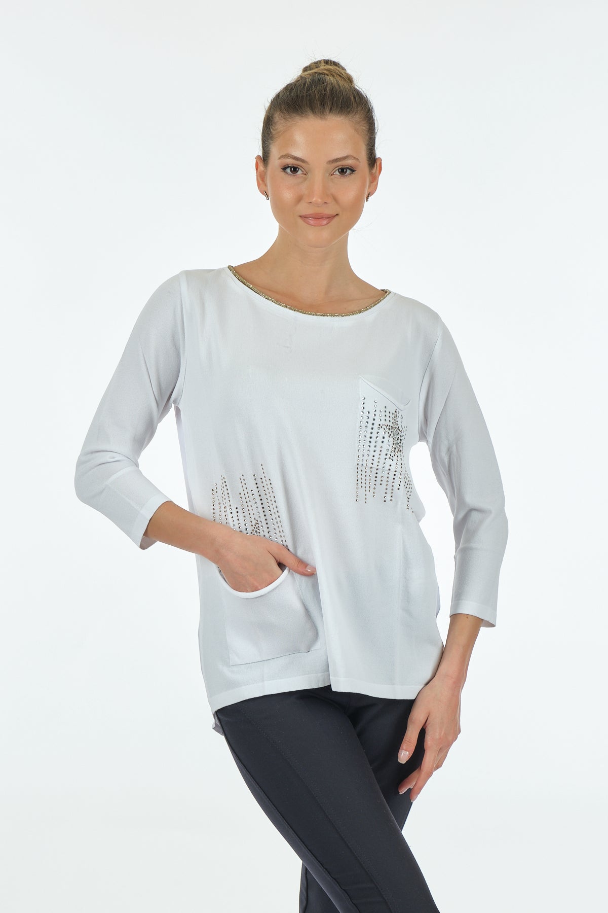 Twomail Minimalist Oversize 3/4 Kol Kadın Bluz - Cep Detaylı