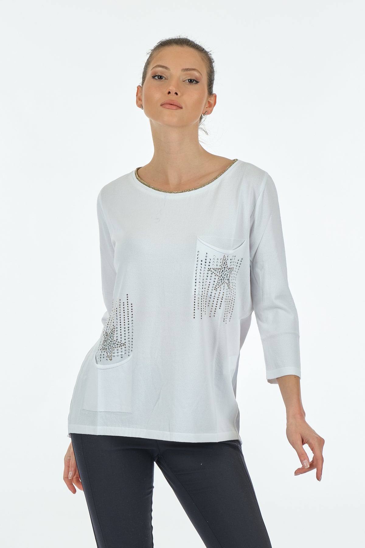 Twomail Minimalist Oversize 3/4 Kol Kadın Bluz - Cep Detaylı