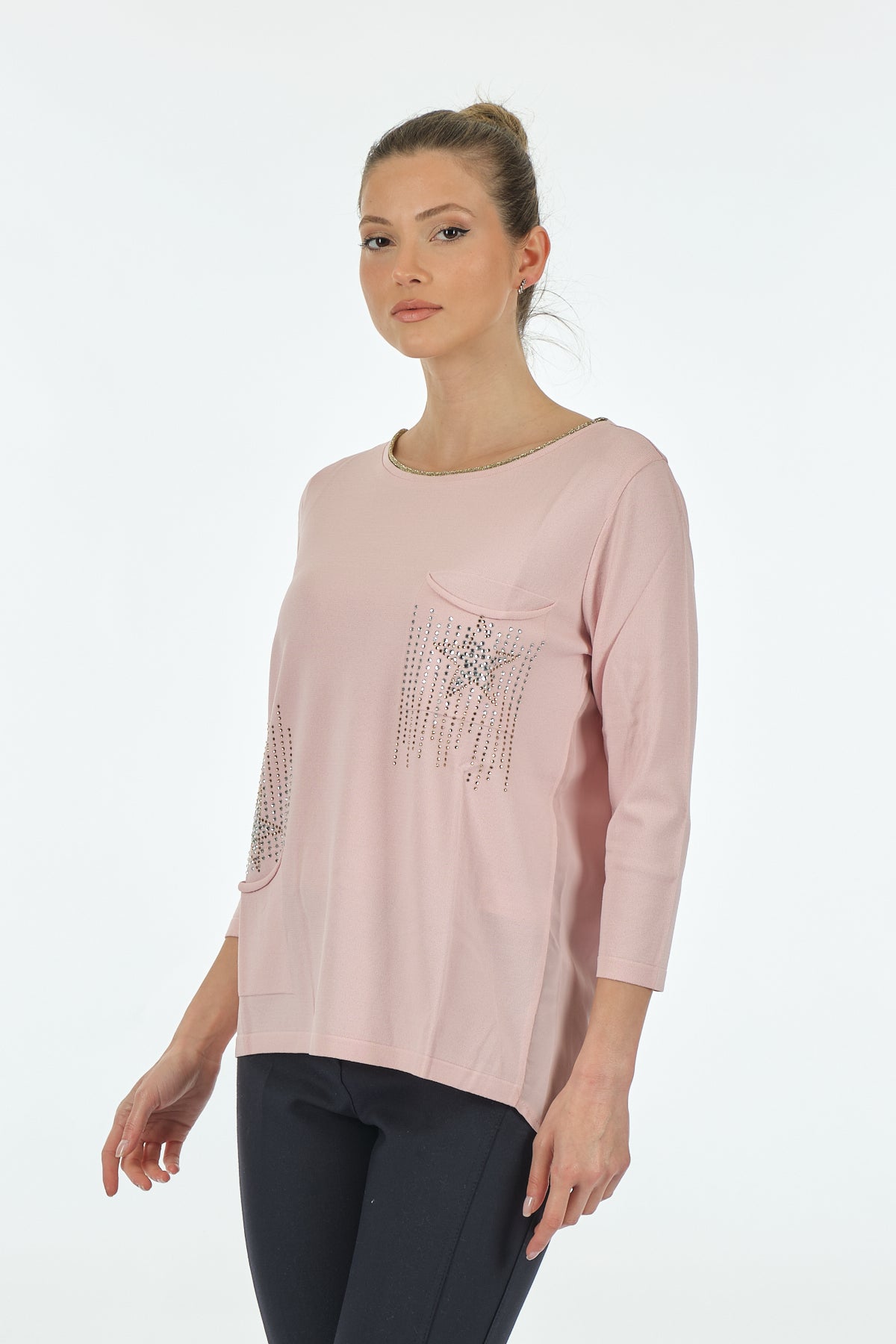 Twomail Minimalist Oversize 3/4 Kol Kadın Bluz - Cep Detaylı