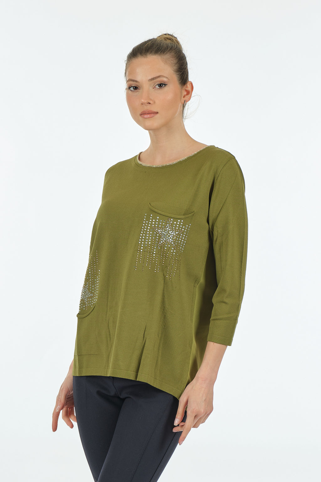 Twomail Minimalist Oversize 3/4 Kol Kadın Bluz - Cep Detaylı