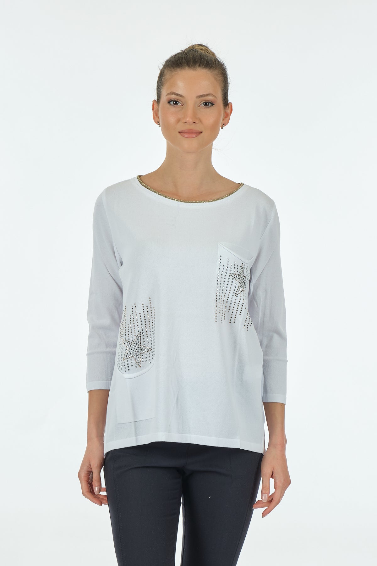 Twomail Minimalist Oversize 3/4 Kol Kadın Bluz - Cep Detaylı