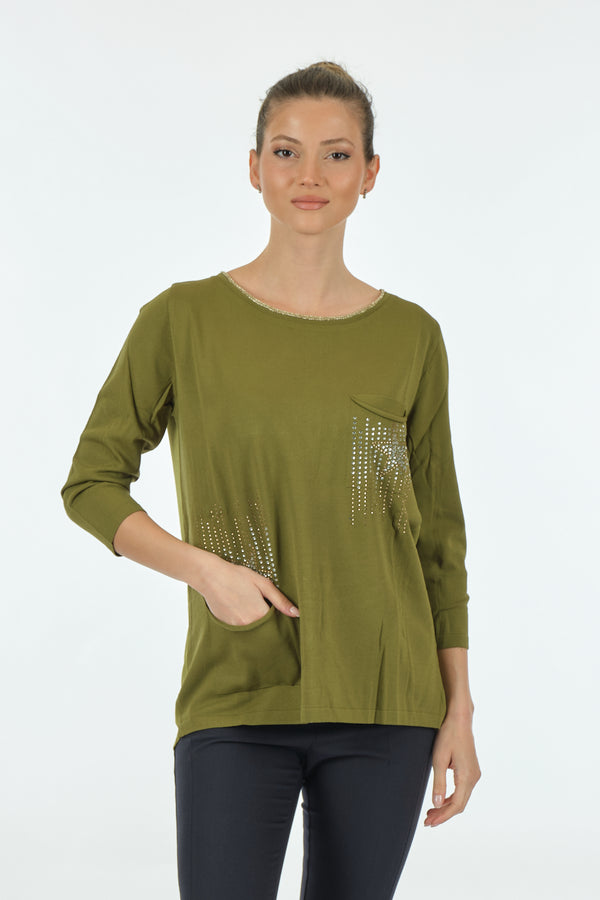 Twomail Minimalist Oversize 3/4 Kol Kadın Bluz - Cep Detaylı