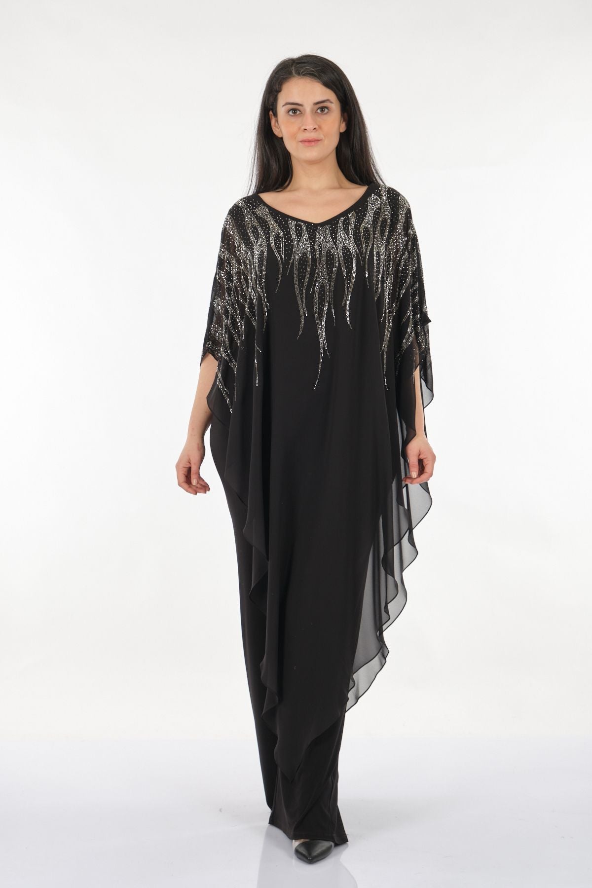 Rozeşah Asimetrik Yaka Oversize Midi Abiye Elbise - Şifon