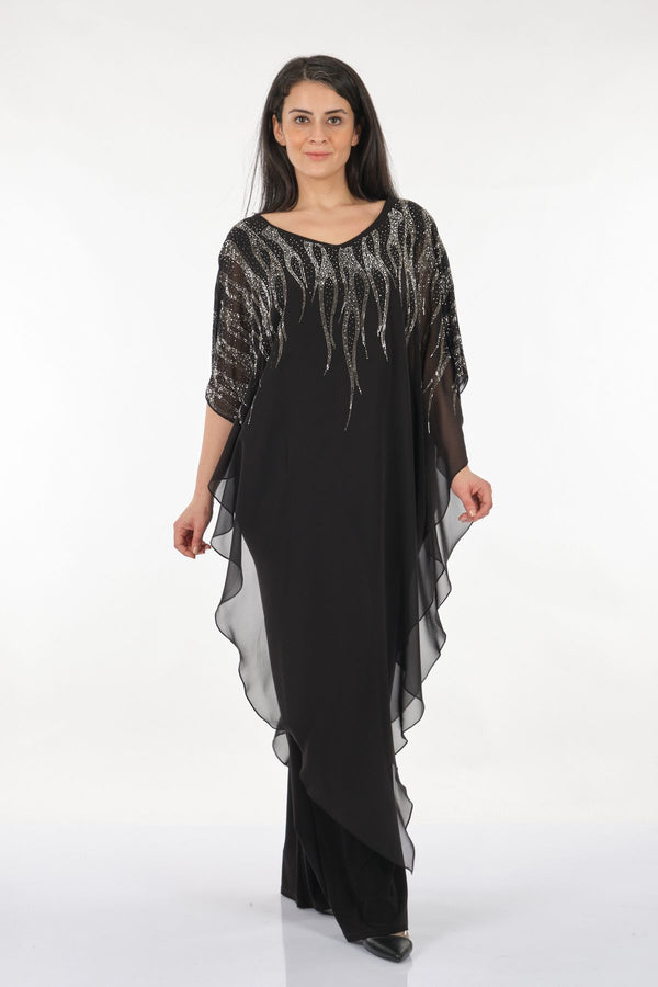Rozeşah Asimetrik Yaka Oversize Midi Abiye Elbise - Şifon