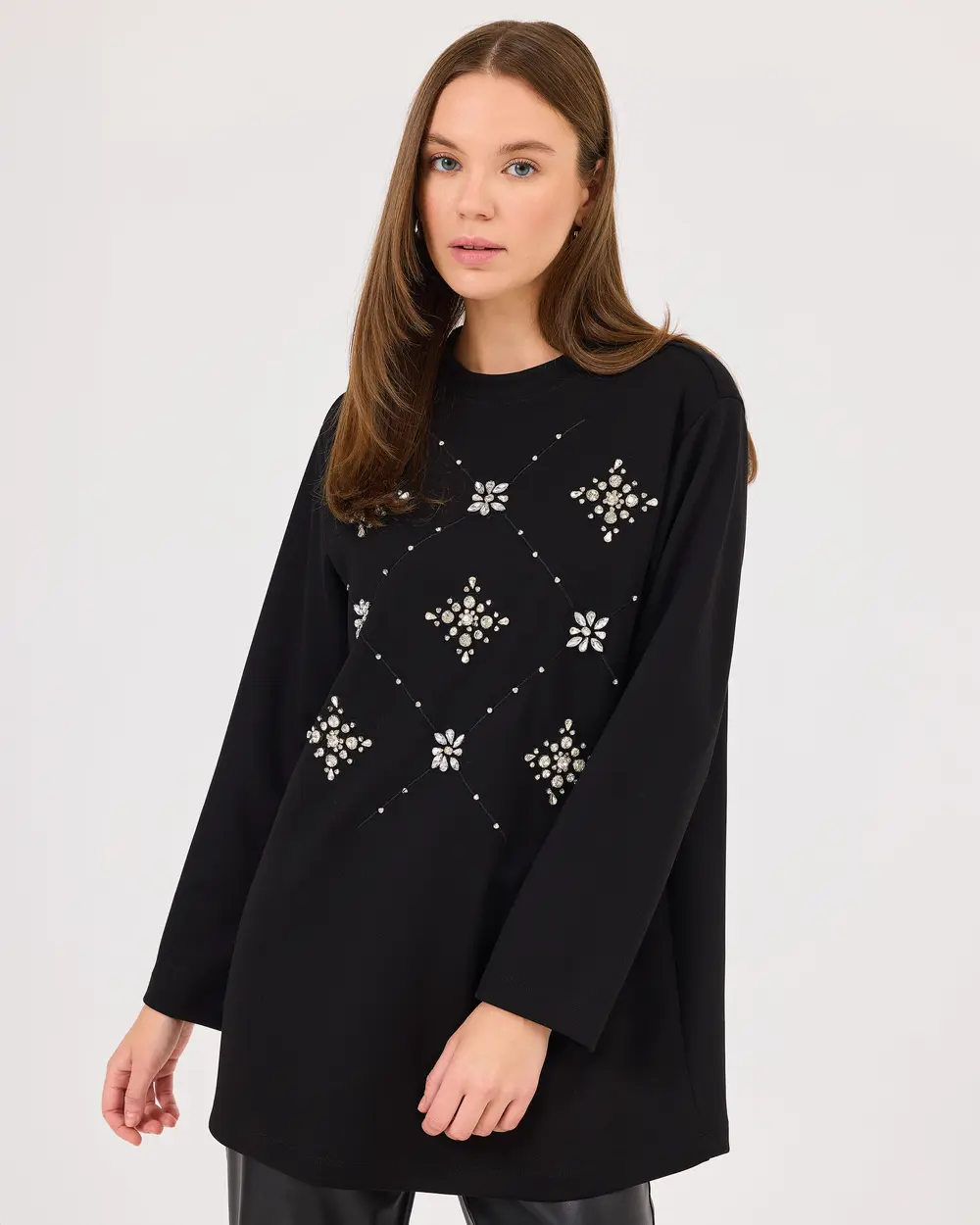 Scl Kadın Yuvarlak Yaka Taşlı  Sweatshirt 10002422311004