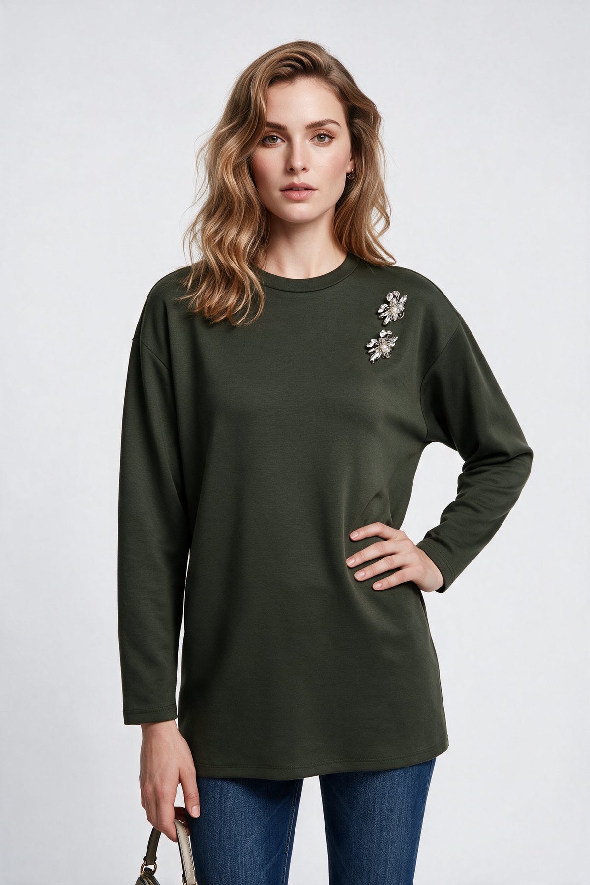 Scl Kadın Bisiklet Yaka Düşük Kol Pamuklu Örme Taş Detaylı Regular Kalıp Sweatshirt 10002522311004 Ana görsel