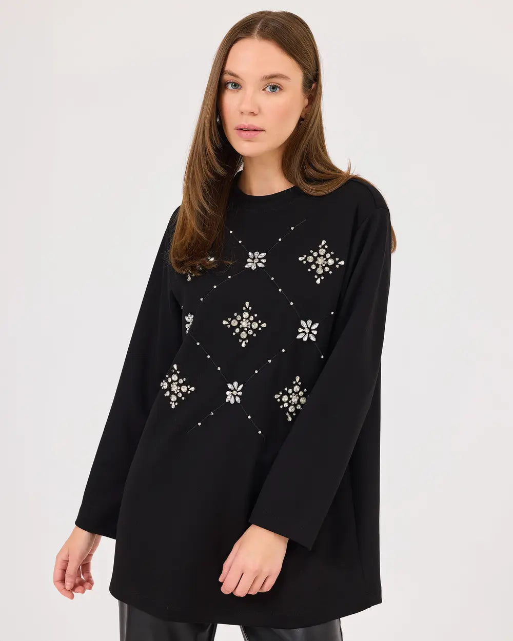 Scl Kadın Yuvarlak Yaka Taşlı  Sweatshirt 10002422311004