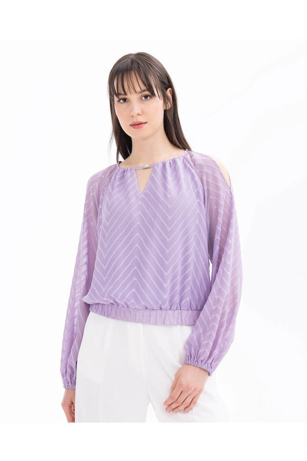 Seçil Minimalist Geometrik Desenli Uzun Kol Crop Bluz - Şifon Kumaş