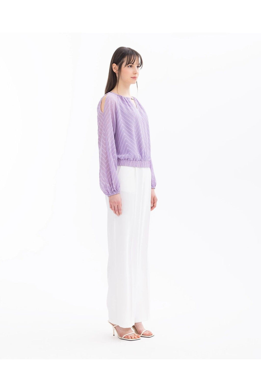 Seçil Minimalist Geometrik Desenli Uzun Kol Crop Bluz - Şifon Kumaş