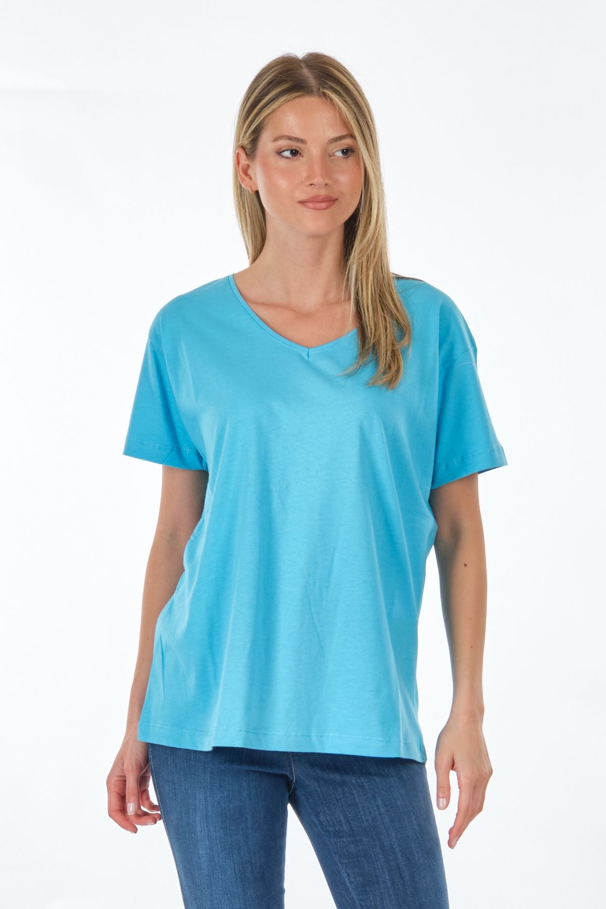 Seçil Kadın Oversize V Yaka Kısa Kol Minimalist T-Shirt - Günlük Kullanım Translation missing: ar.content.product_image_secondary