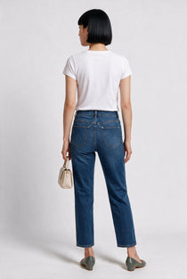Seleste Kadın Yüksek Bel Nakış Detaylı Düz Paça Denim Jean Pantolon