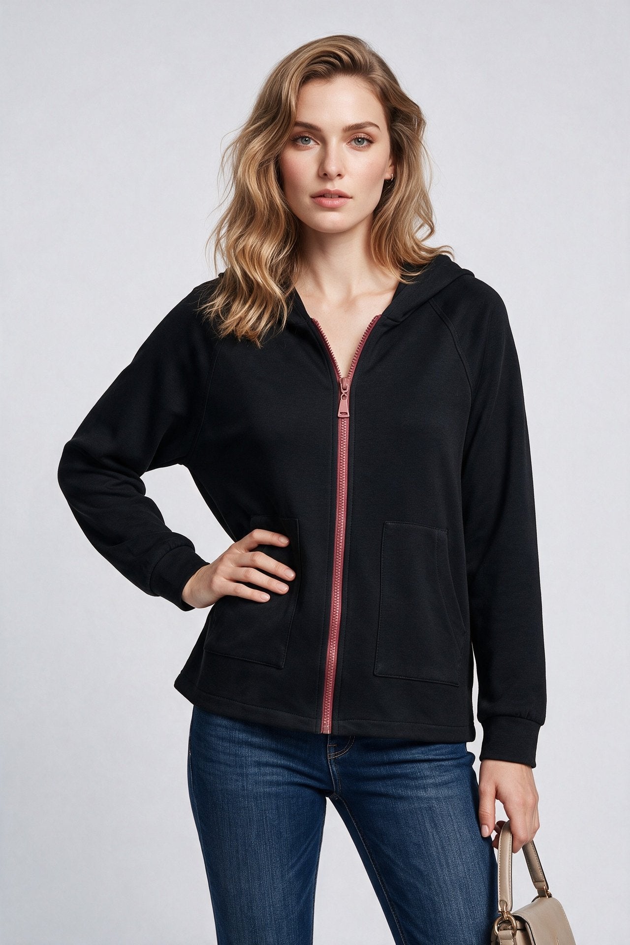 On Kadın Kapüşonlu Tam Fermuarlı Reglan Kol Cepli Sweatshirt