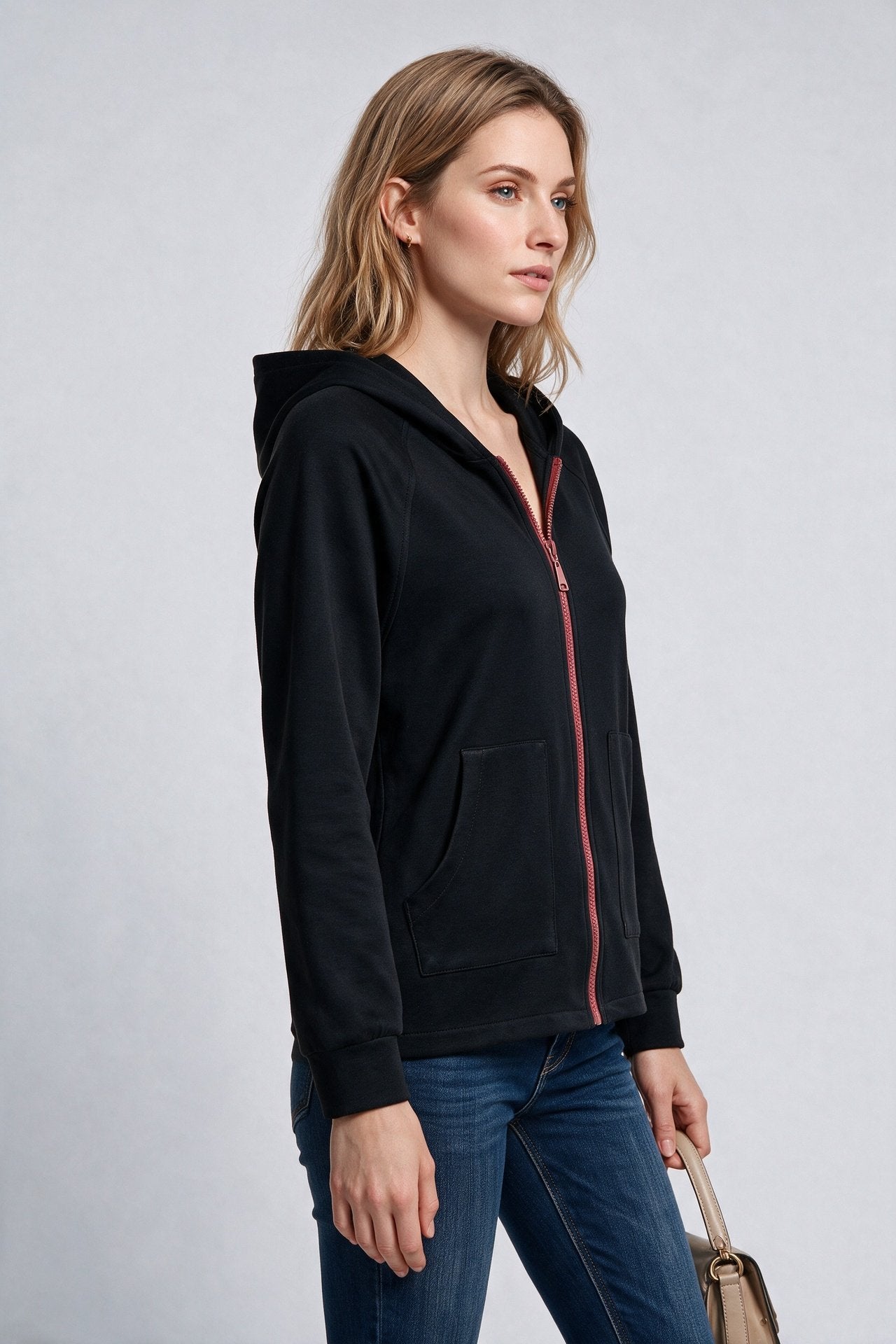 On Kadın Kapüşonlu Tam Fermuarlı Reglan Kol Cepli Sweatshirt