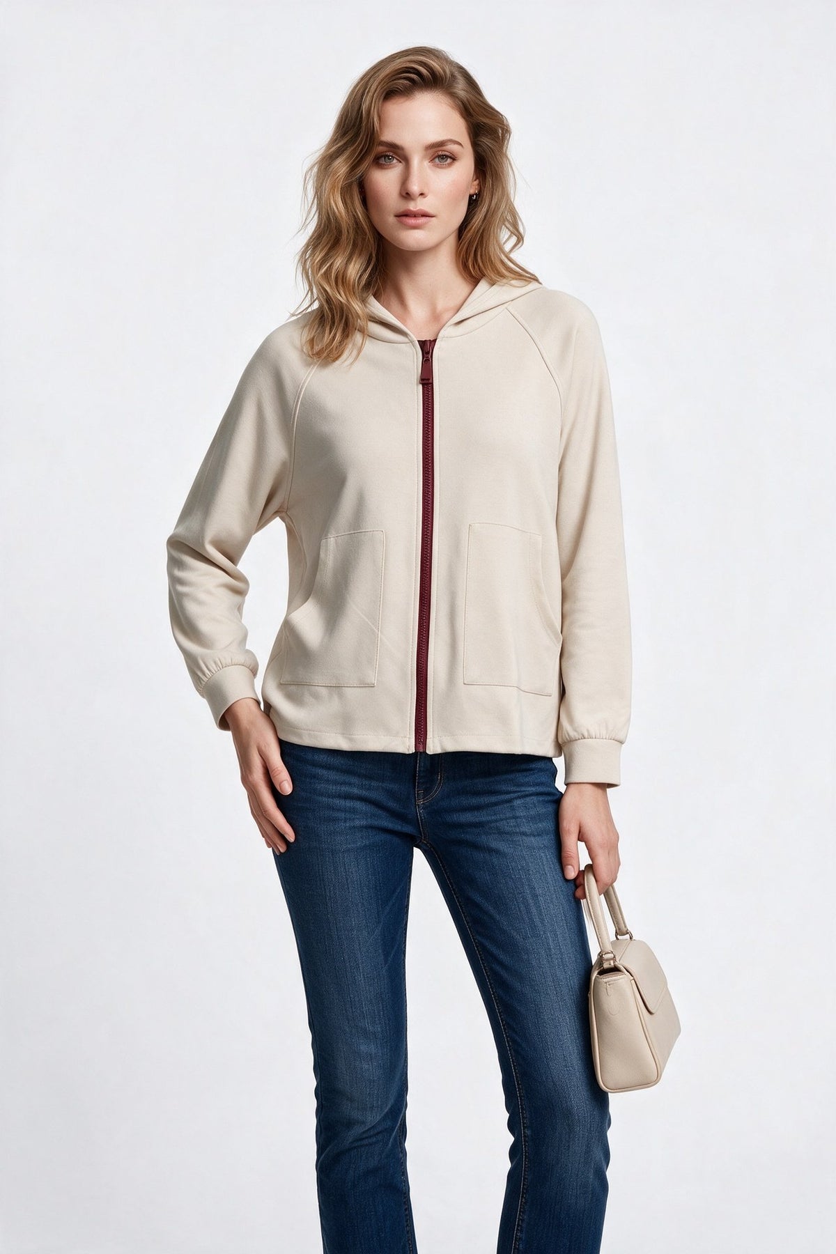 On Kadın Kapüşonlu Tam Fermuarlı Reglan Kol Cepli Sweatshirt