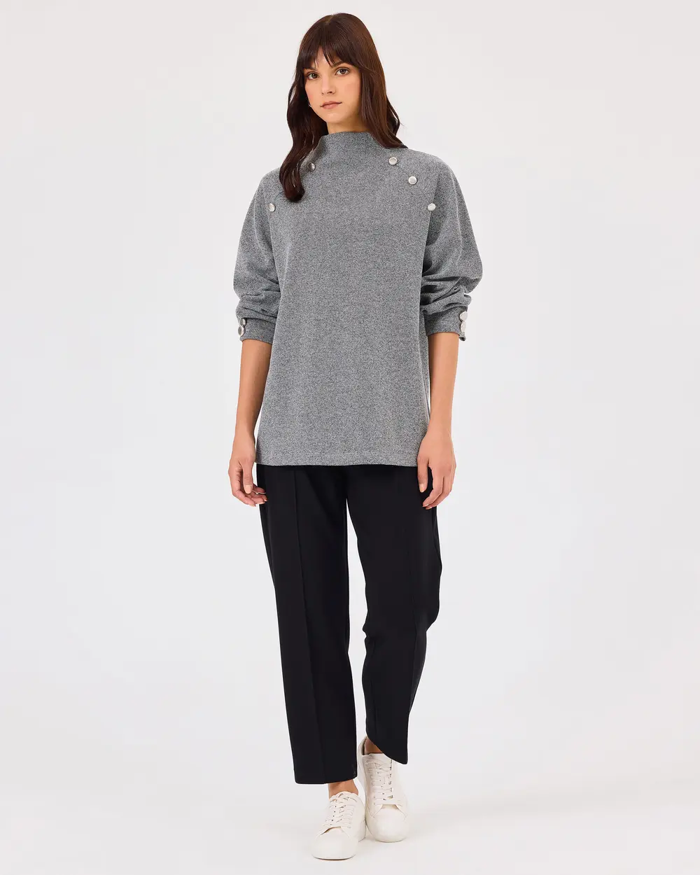 dik yaka düğme detaylı sweatshirt Scl