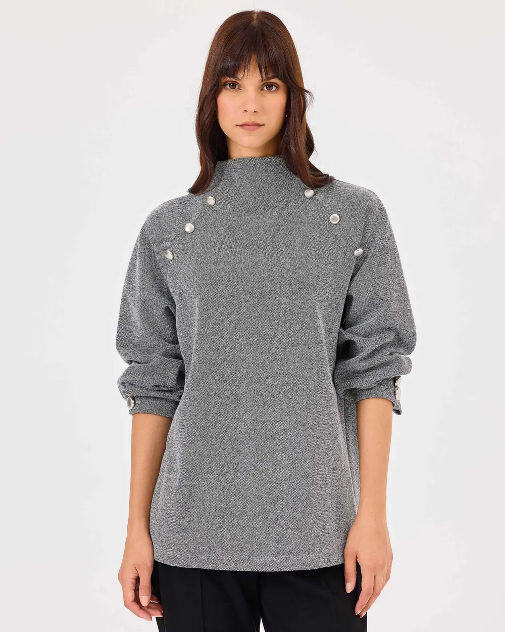 dik yaka düğme detaylı sweatshirt Scl