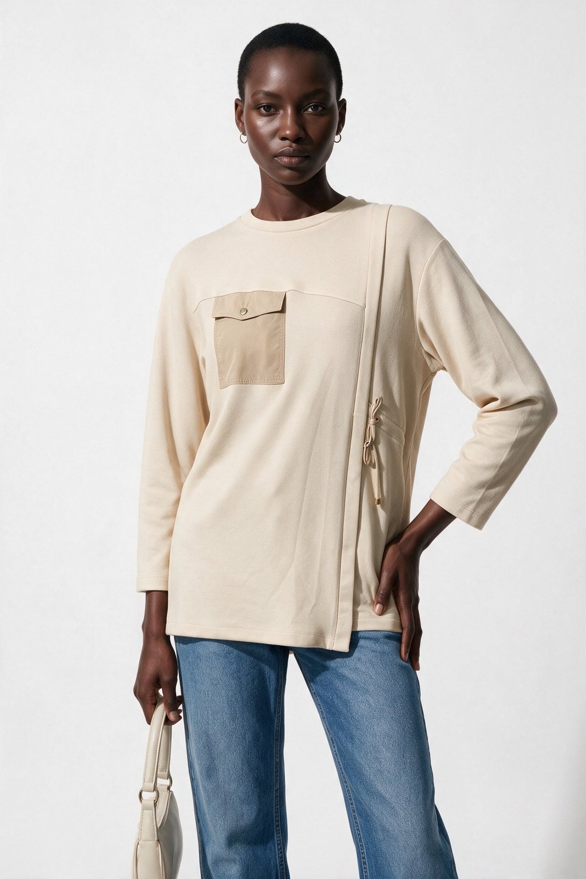 Scl Kadın Bisiklet Yaka Cepli Asimetrik Tasarım Uzun Kollu Sweatshirt Ana görsel