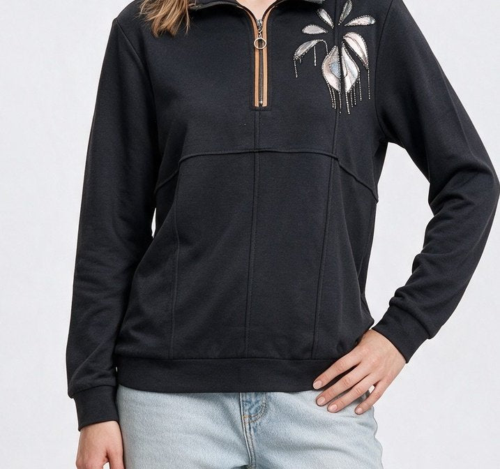 Vedi-bb Kadın Dik Yaka Yarım Fermuarlı İşlemeli Uzun Kollu Sweatshirt