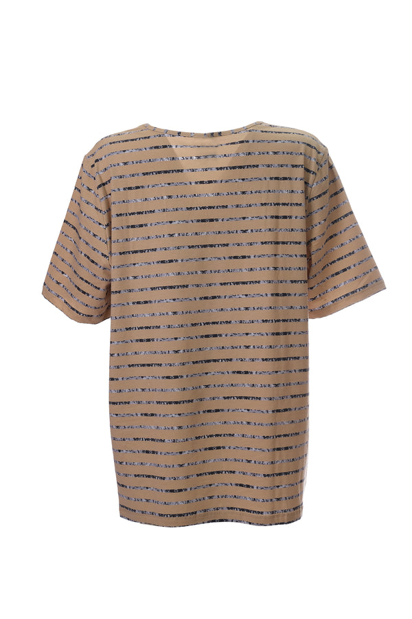 Canel Oversize Çizgili Minimalist Kadın T-Shirt - Kısa Kol Midi Günlük