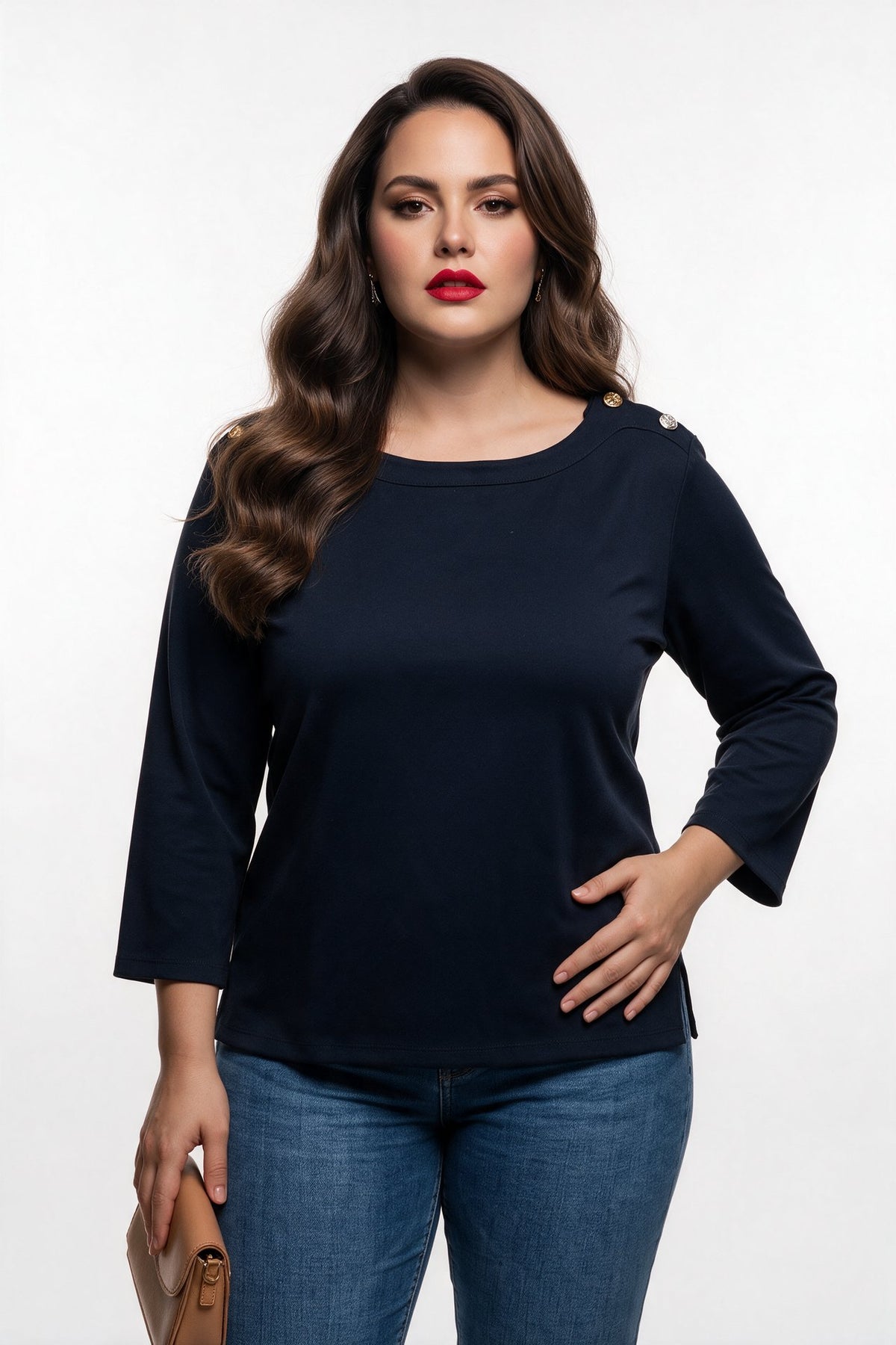 Faik Sönmez Kadın Kayık Yaka Üç Çeyrek Kol Omuz Düğmeli Pamuklu T-Shirt Ana görsel