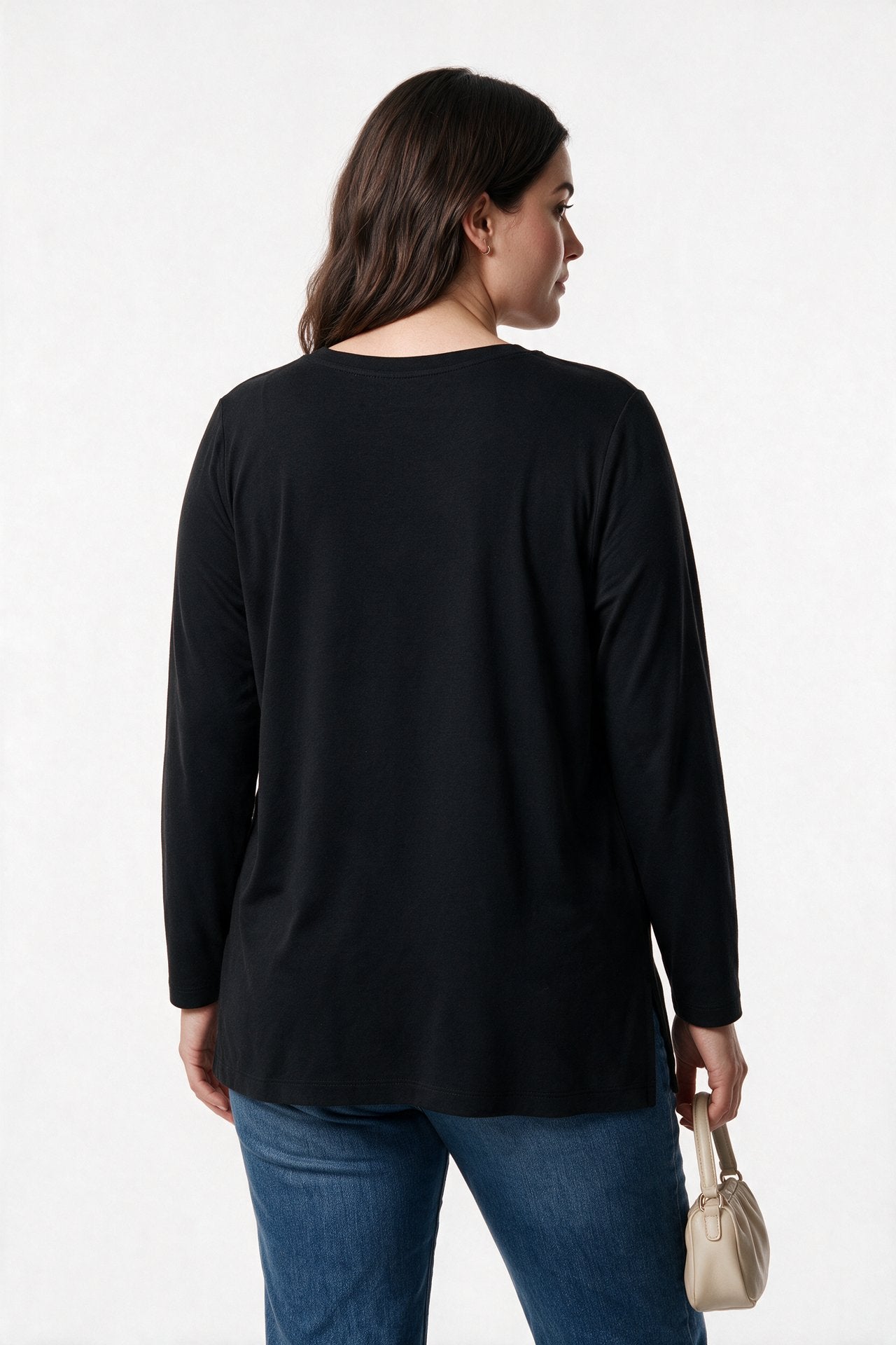 Gala-xi Kadın Büyük Beden Bisiklet Yaka Uzun Kollu Delikli Detaylı T-Shirt İkincil görsel
