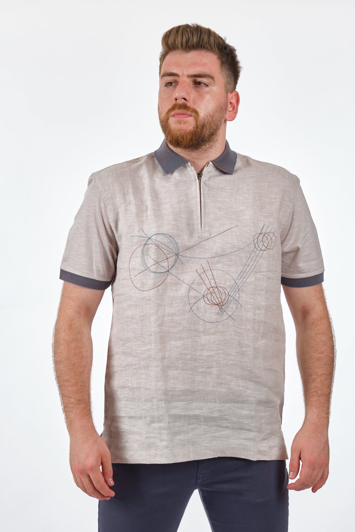 Gallus Minimalist Keten Erkek T-Shirt - Kısa Kol Yarım Fermuar