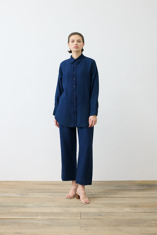 Denim Efektli %100 Keten Pantolonlu Takım Terzi Dükkani